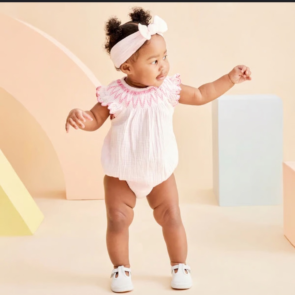 Little me pink smocked embroidered bubble romper 6months